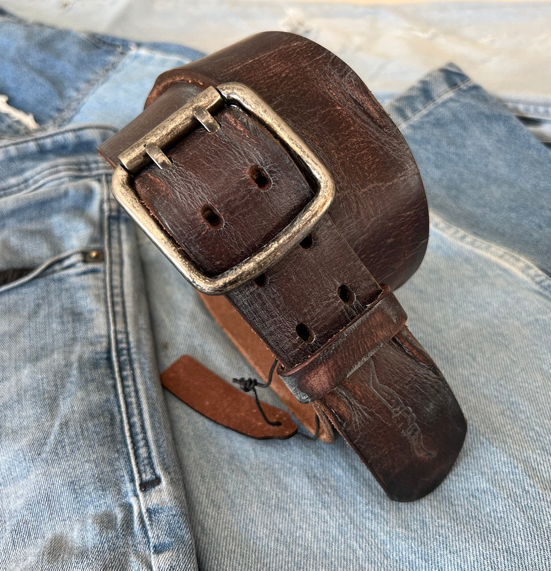 ARICHI Genuine Vintage Wash Brown Leather Belt Man Woman Waist handmade Classic Waistband Stone Buckle Style Casual Holes square