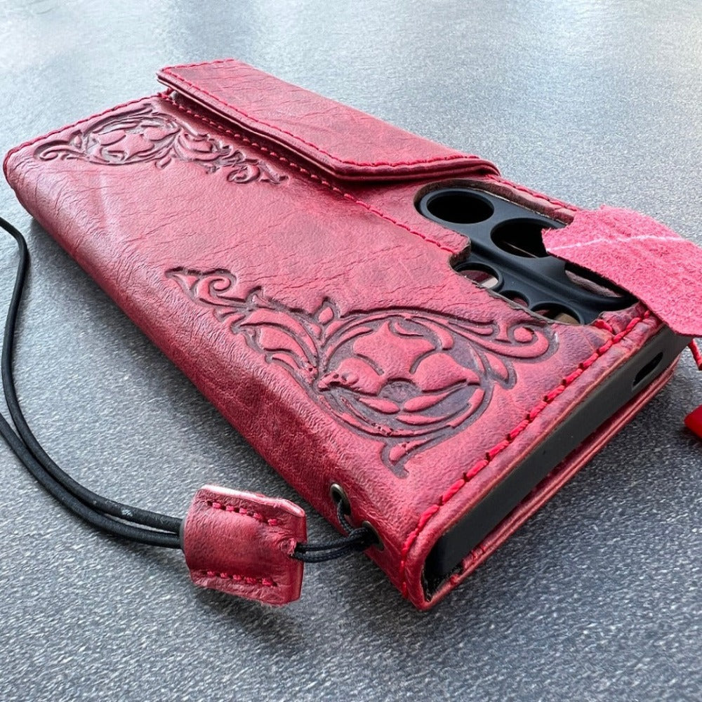 Genuine Vintage Red Leather Case For Google Pixel 4 4A 5 5A 6 6A 7 7A 8 Pro Cover 4G 5G Wallet Stamping Craft