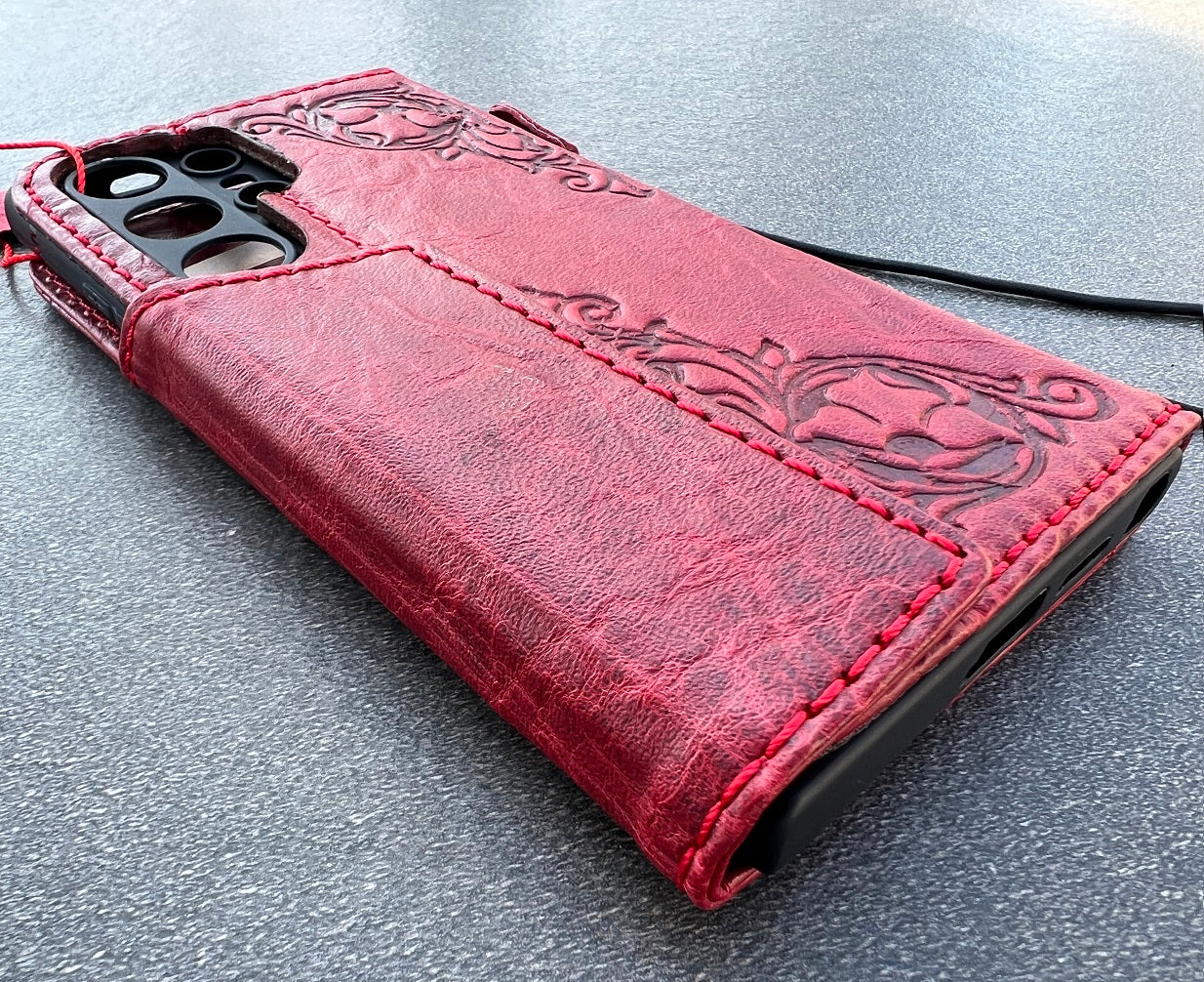 Genuine Red Leather Case Wallet For Samsung Galaxy s24 Ultra Stamping Magnetic