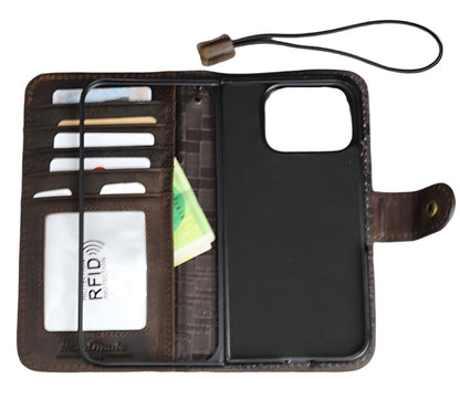 ARICHI Handmade Dark Leather iPhone Case – Magnetic Flap, Card Slots, Wireless Charging, Vintage Style for iPhone 11–17 Pro Max Air Wallet