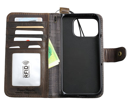 ARICHI Handmade Dark Leather iPhone Case – Magnetic Flap, Card Slots, Wireless Charging, Vintage Style for iPhone 11–17 Pro Max Air Wallet