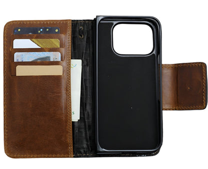 ARICHI Handmade Leather iPhone Case – Tan Finish, Magnetic Clasp, Card Slots, Wireless Charging, for iPhone 11–17 Pro Max Wallet