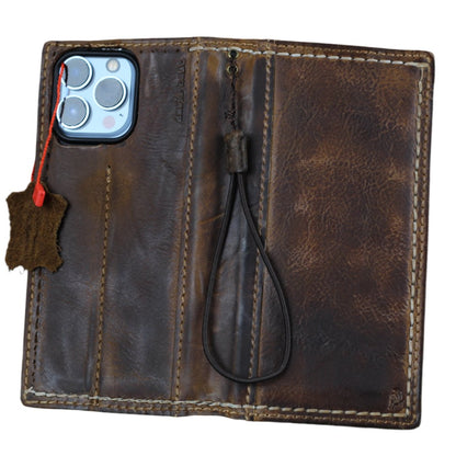ARICHI Handmade Waxed Leather iPhone Case – Polished Finish with White Hand-Stitched Seams, Wallet Book Cover for iPhone 11–17 Pro Max SE XS