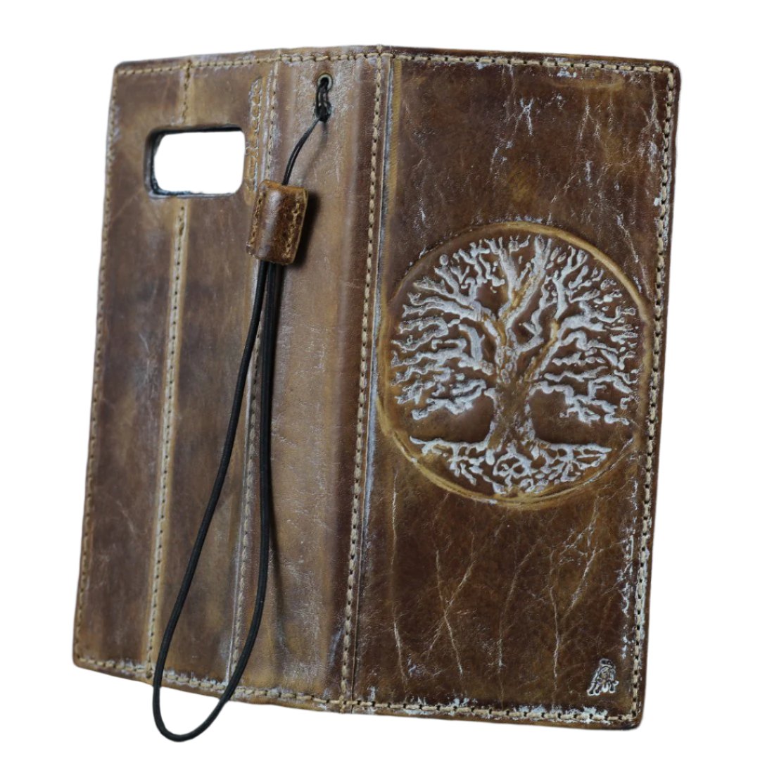 ARICHI Premium Leather Wallet Phone Case for iPhone 11 12 13 14 15 16 Pro Max | Vintage Handmade Book Cover with White Tree Of Life Embossing