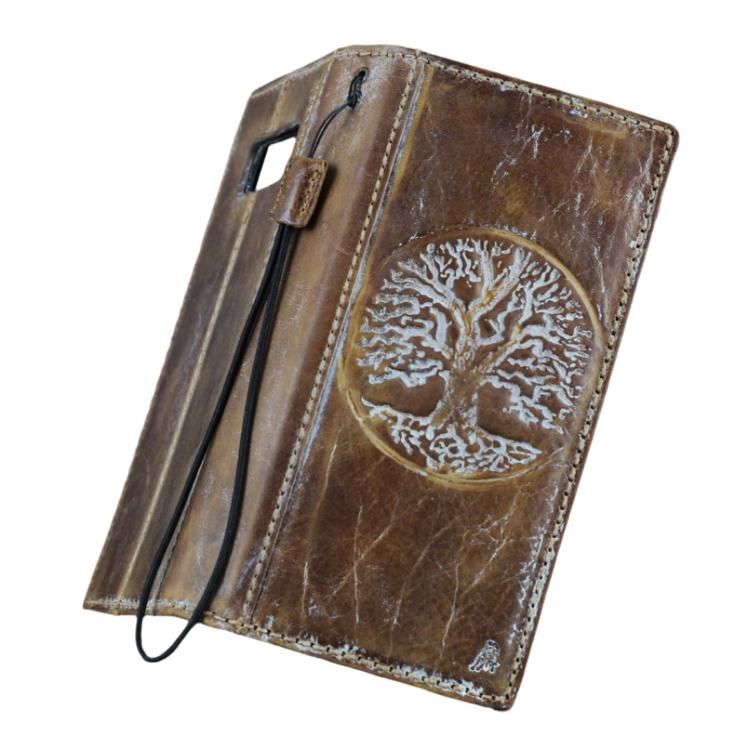 ARICHI Premium Leather Wallet Phone Case for iPhone 11 12 13 14 15 16 Pro Max | Vintage Handmade Book Cover with White Tree Of Life Embossing