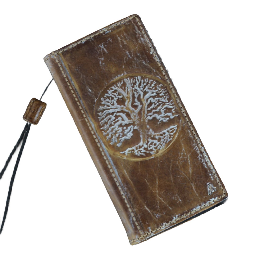 ARICHI Premium Leather Wallet Phone Case for iPhone 11 12 13 14 15 16 Pro Max | Vintage Handmade Book Cover with White Tree Of Life Embossing