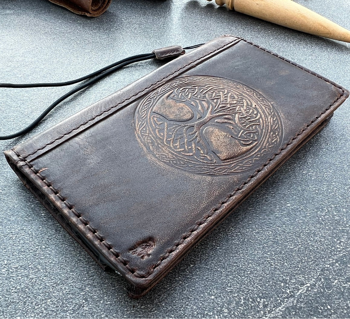 ARICHI Genuine Leather Case Samsung Galaxy s24 s23 Fe s22 s21 s20 Ultra s8 s9 Note 8 9 10 20 21 A71 A52 A53 A12 A31 A32 Tree Of Life Stamping