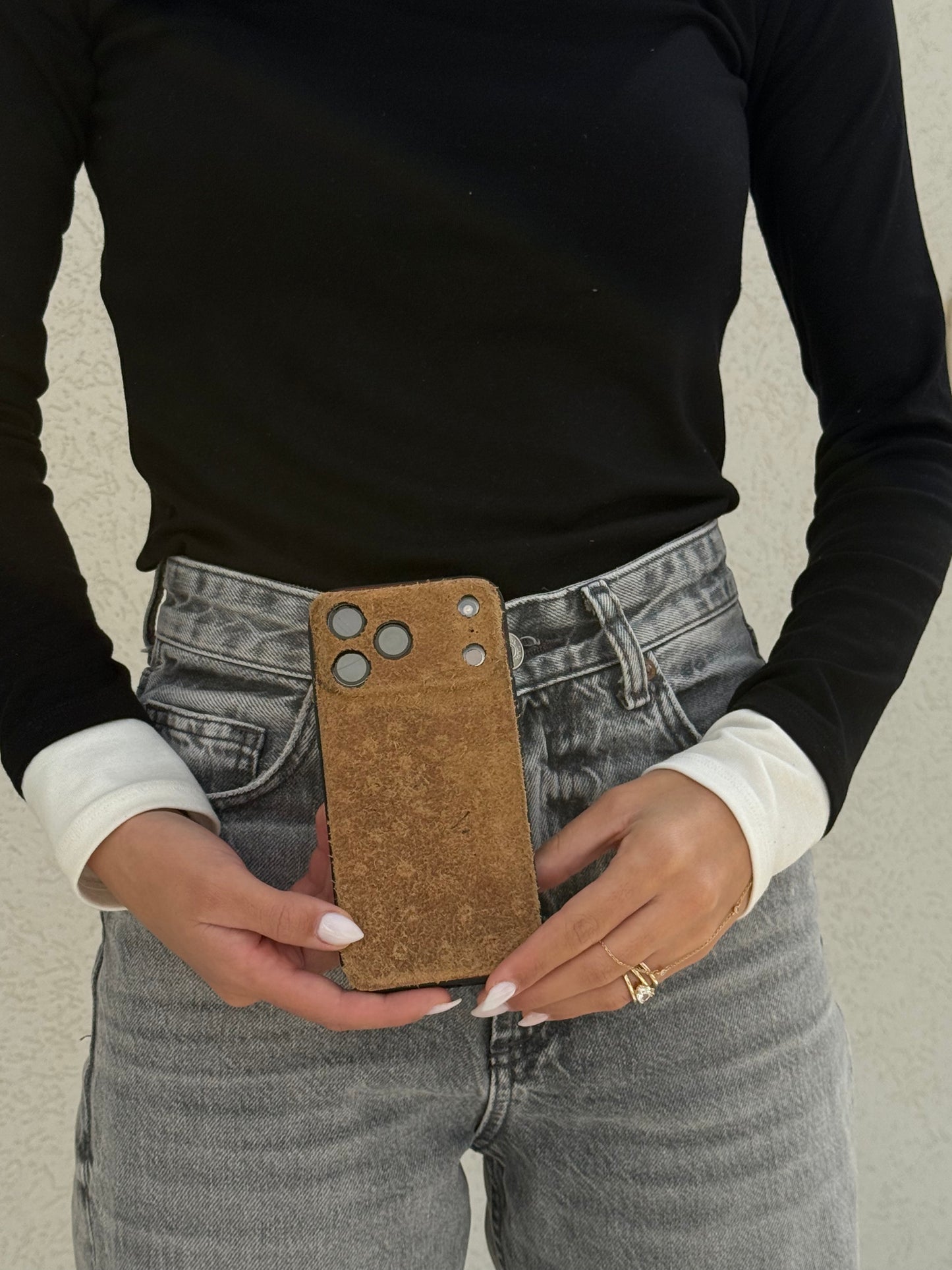 Suede Leather iPhone Case – Ostrich Embossed Genuine Leather | Handmade Luxury Suede Phone Cover for iPhone 17, 16, 15, 14 | Brown Vintage Finish