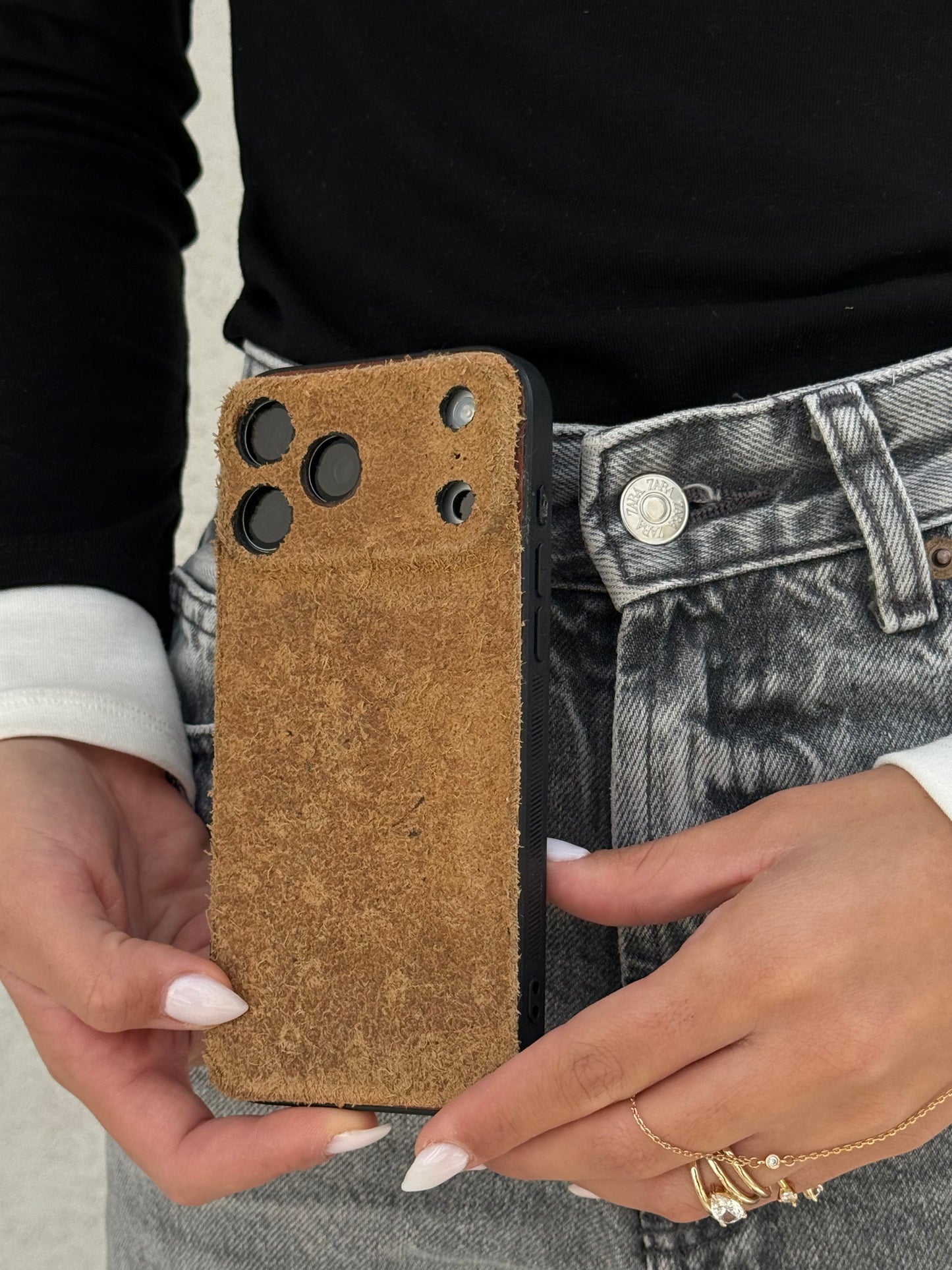 Suede Leather iPhone Case – Ostrich Embossed Genuine Leather | Handmade Luxury Suede Phone Cover for iPhone 17, 16, 15, 14 | Brown Vintage Finish