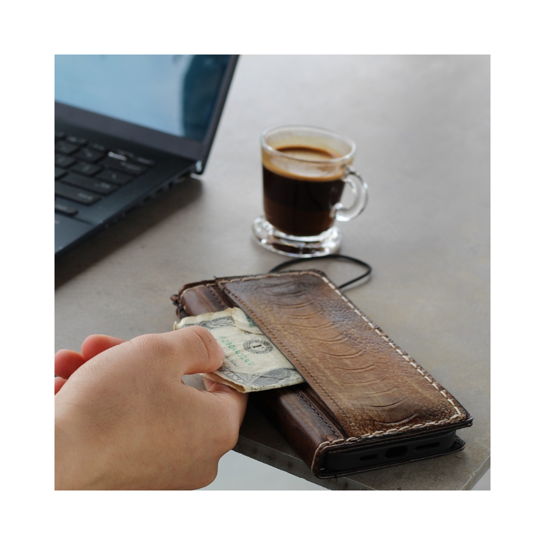 hand stitched leather wallet phone case ostrich brown with card slots and bill pocket For Pixel 10 Pro fold