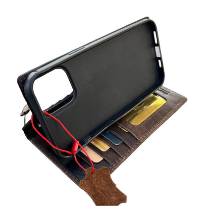 ARICHI Genuine Leather Handmade Brown Wrinkled Leather iPhone Wallet Case: Vintage Book-Style with Card Slots