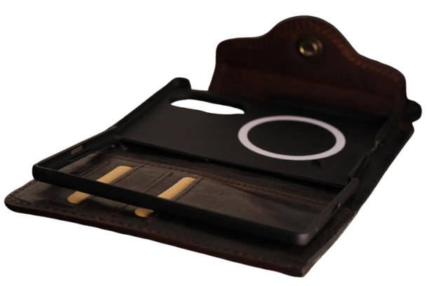 Vintage distressed brown leather Galaxy Z Fold 8 case open showing card slots