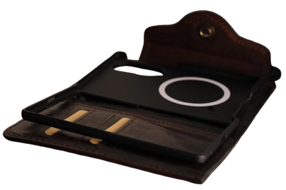 Vintage distressed brown leather Galaxy Z Fold 8 case open showing card slots