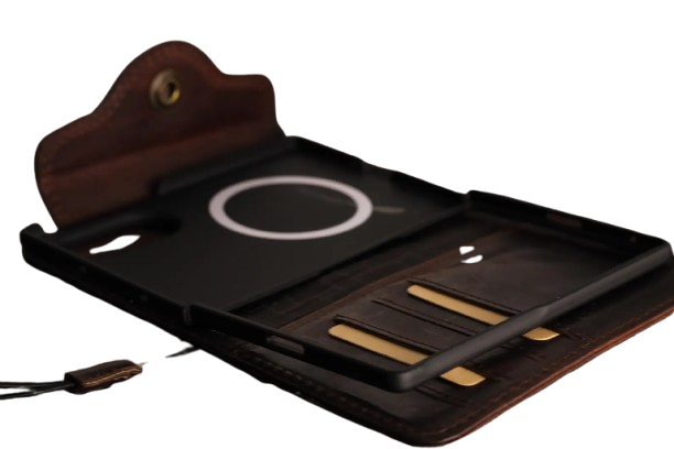 Vintage distressed brown leather Galaxy Z Fold 8 case open showing card slots