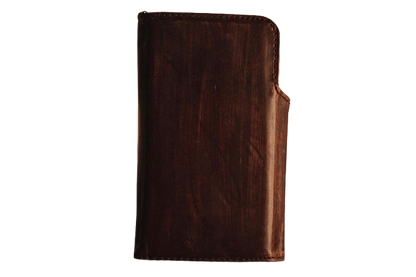 Vintage brown full grain leather book-style case with wrist strap
