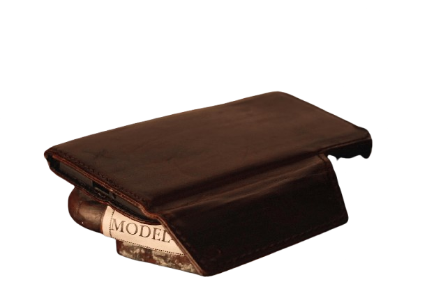Vintage brown full grain leather book-style case with wrist strap
