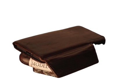 Vintage brown full grain leather book-style case with wrist strap