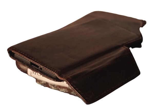 Vintage brown full grain leather book-style case with wrist strap
