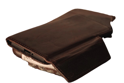 Vintage brown full grain leather book-style case with wrist strap