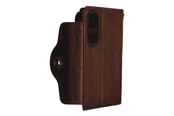 Galaxy Z Fold 8 Ultra in leather wallet case standing open in book style