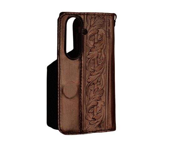 Handmade full grain leather wallet case for Galaxy Z Fold 8 Ultra with vintage floral tooling