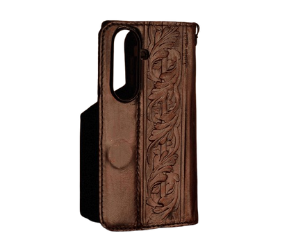 Handmade full grain leather wallet case for Galaxy Z Fold 8 Ultra with vintage floral tooling