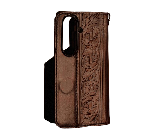 Handmade full grain leather wallet case for Galaxy Z Fold 8 Ultra with vintage floral tooling