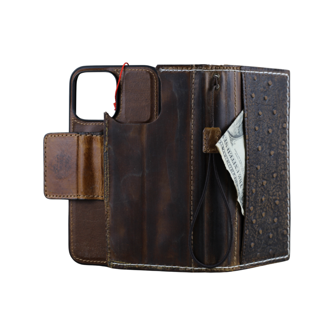 Genuine Ostrich-Embossed Leather Phone Case with Card Slots – Handmade Luxury Leather Cover with White Stitching